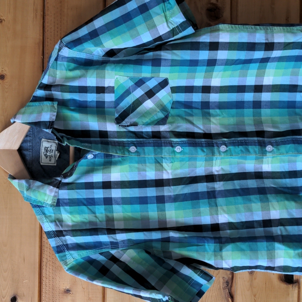 Ecko Shirt button up short sleeve button up plaid blue small